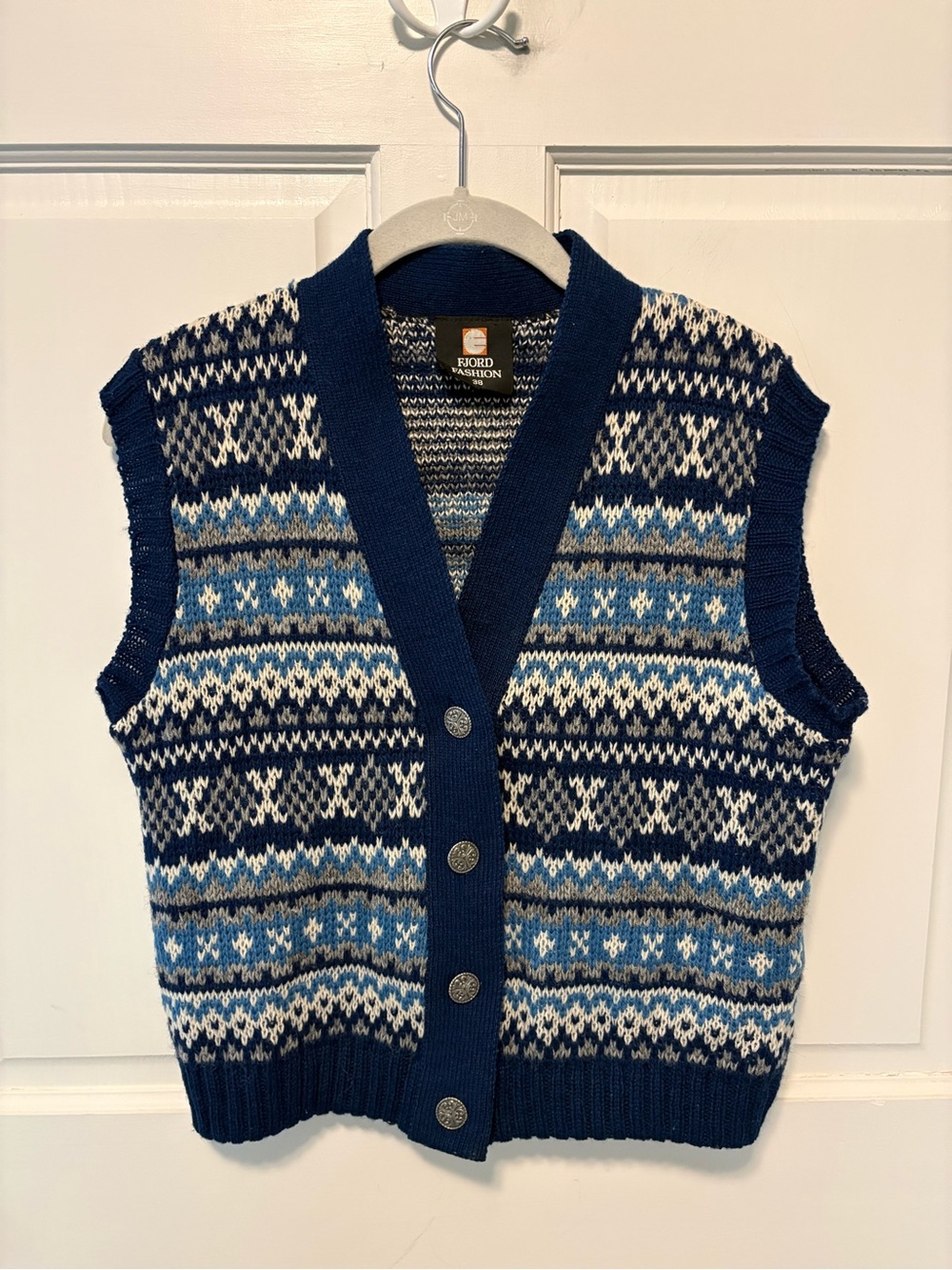 Fjord Fashion A.S. Evebofoss Norway fair isle blue wool sweater vest 38 s small